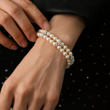 Double Row Pearl Bracelet Crystal Flower Spacers Two
