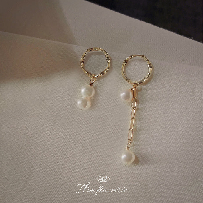 Gold Asymmetric Pearl Hoop Earrings Chain Double Drop
