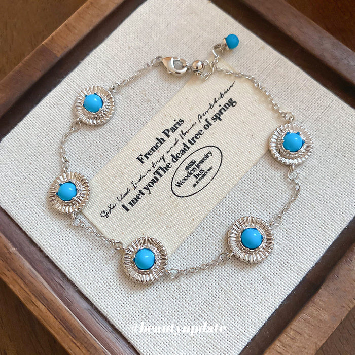 Silver Turquoise Round Disc Link Adjustable Bracelet