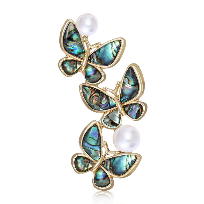 Abalone Shell Three Butterfly Brooch Pearls Gold Tone