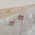 Gold Tone Multicolor Faceted Stone Curved Half Hoop Stud Earrings view 3