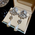 Crystal Floral Pearl Drop Earrings with Distinctive Textured Details view 2