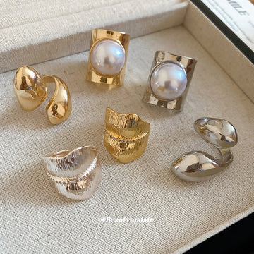 Sculptural Metal Open Rings Teardrop Bark Pearl Six Styles