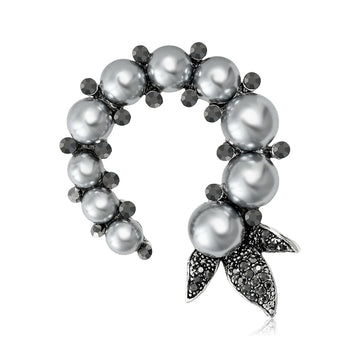 Graduated Pearl Crescent Brooch With Crystal Leaf Tips