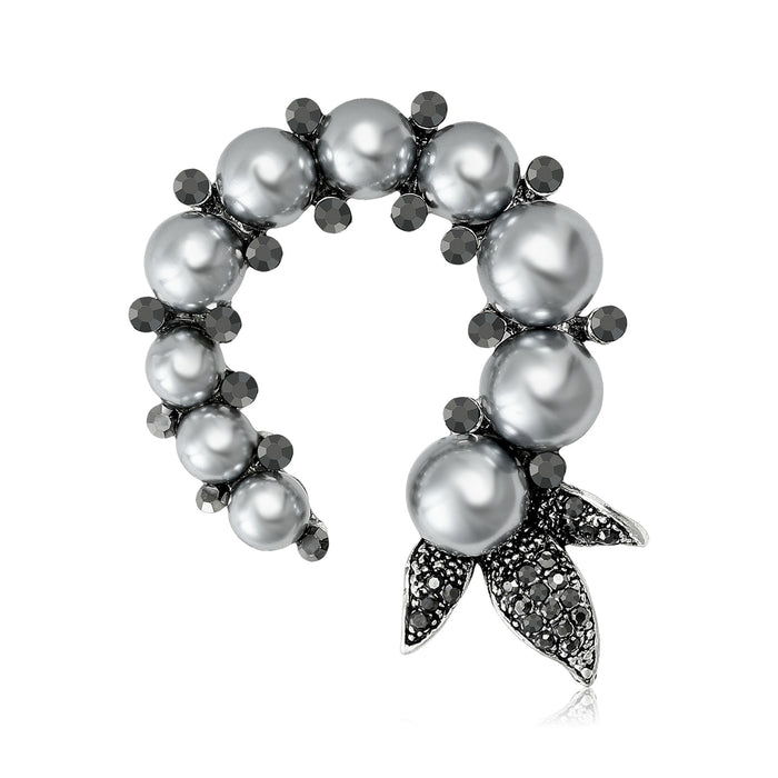 Graduated Pearl Crescent Brooch With Crystal Leaf Tips