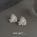 Silver Molten Organic Flower Pearl Center Stud Earrings view 1