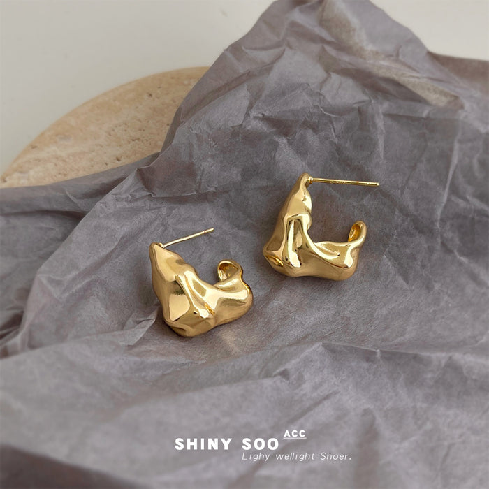 Gold-Tone Irregular Molten Open Huggie Stud Earrings