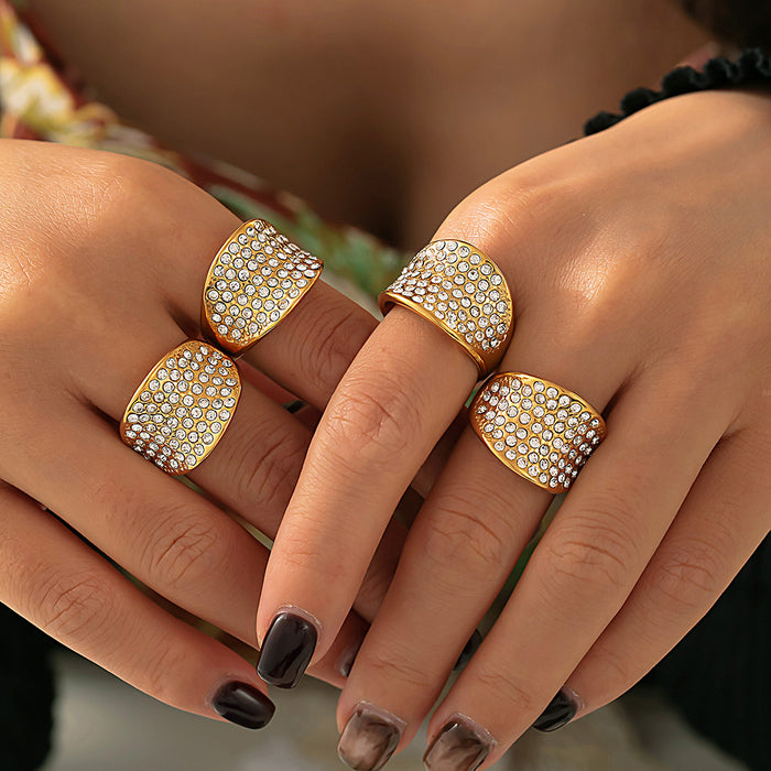 Full Pave Czech Diamond Concave Dome Ring Gold Steel