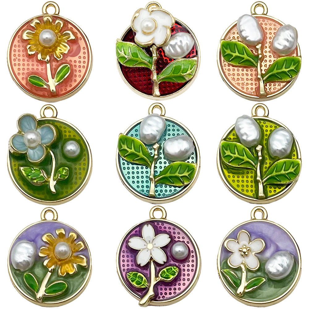 Enamel Zinc Alloy Round Flower Enamel Charm Pendants