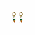 Gold Huggie Hoop Earrings With Multicolor Glass Bead Drops view 5