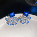 Blue Square Crystal Earrings with Clear Fan Shaped Dangles view 6