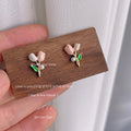 Pink White Dual Tone Tulip Stud Earrings Pearl Leaf view 6