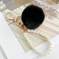 Faux Fur Pom-Pom Keychain with Faux Pearl Wristlet Strap view 8