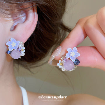 Purple Floral Crystal Cluster Statement Stud Earrings