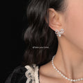 Silver Bow Stud Earrings Clear Pavé Heart Drop Charm view 2