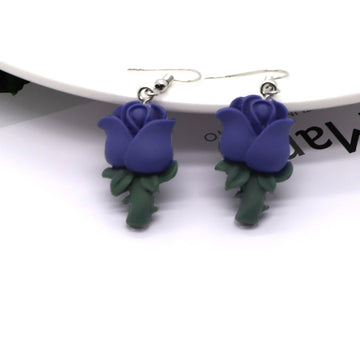 Silver Tone Purple Resin Rose Flower Hook Earrings