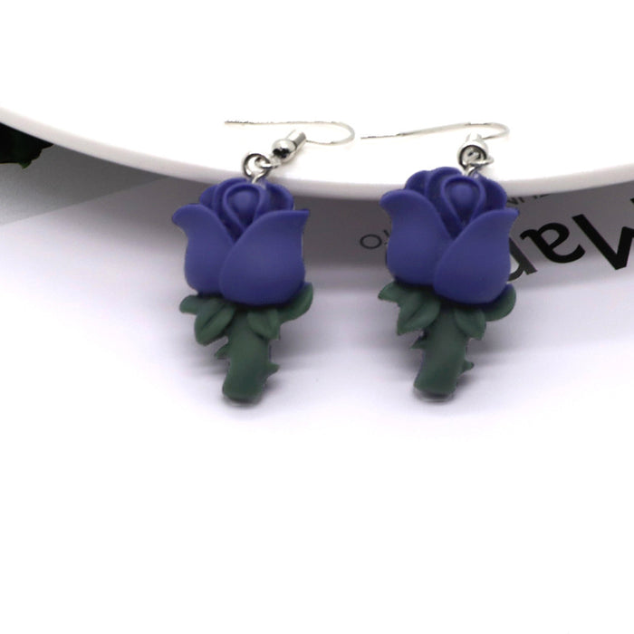 Silver Tone Purple Resin Rose Flower Hook Earrings