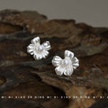 Silver Textured Five Petal Pearl Flower Stud Earrings view 1