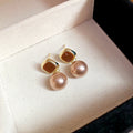 Champagne Pearl Drop Stud Earrings with Brown Enamel Tops view 6