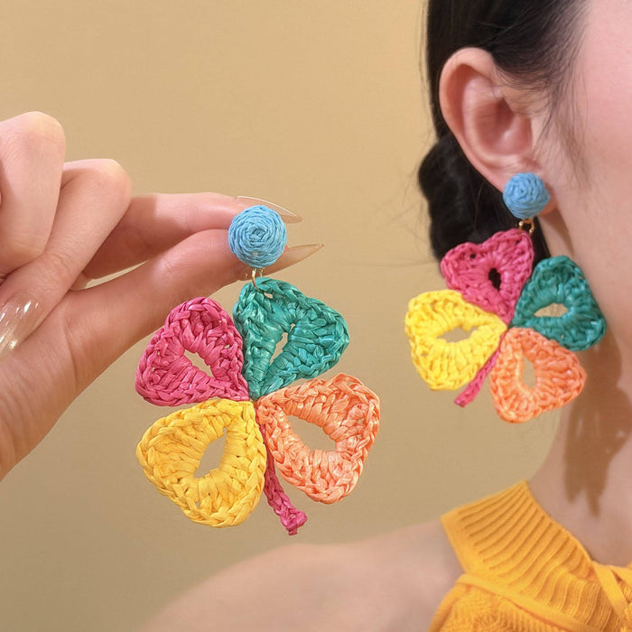 Woven Petal Flower Stud Earrings With Polished Metal Tone Details