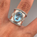 Aqua Oval Stone Extra-Wide Filigree Ring In Antiqued Silver Tone view 2