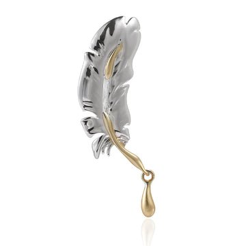 Silver Feather Brooch Gold Tone Stem Teardrop Accent Pin