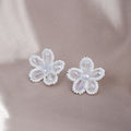 White Crystal Flower Stud Earrings Seed Pearl Petal Edge view 3