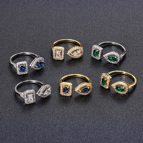 Second product view showing pear and rectangular halo adjustable open ring in six variants