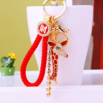 Crystal Chain Giraffe Keychains in Blue and Red with Braided and Clasp Free Loops