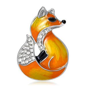 Enamel Fox Brooch Brown Orange Rhinestone Crystal Eye Pin