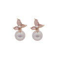 Gold Tone Pink Flower and Pearl Stud Earrings in Two Styles view 5