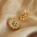 Gold Leaf Sunburst Stud Earrings Clear Crystal Center view 4