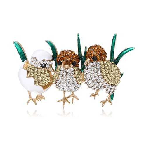 Three chicks hatching brooch rhinestones eggshell front