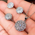 Silver Pave Flower CZ Necklace Earrings Open Ring Set view 3