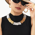Wide Hammered Texture Link Choker Necklace Gold Steel Tones view 1