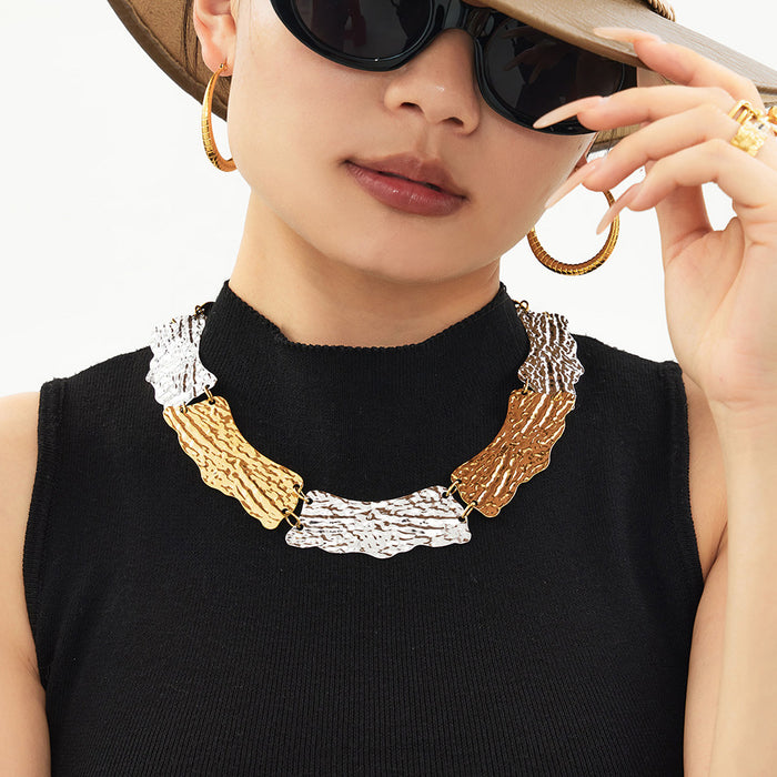 Wide Hammered Texture Link Choker Necklace Gold Steel Tones