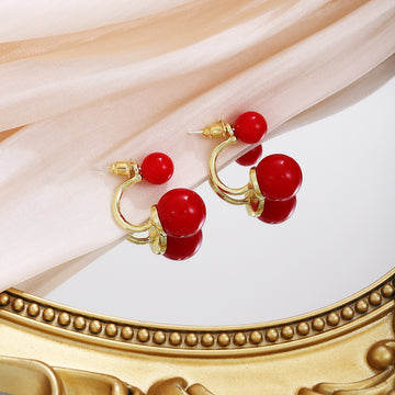 Gold Tone Small Huggie Graduated Double Red Bead Earrings