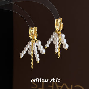 Gold Organic Stud Pearl Strand Tassel Earrings Chain Drop