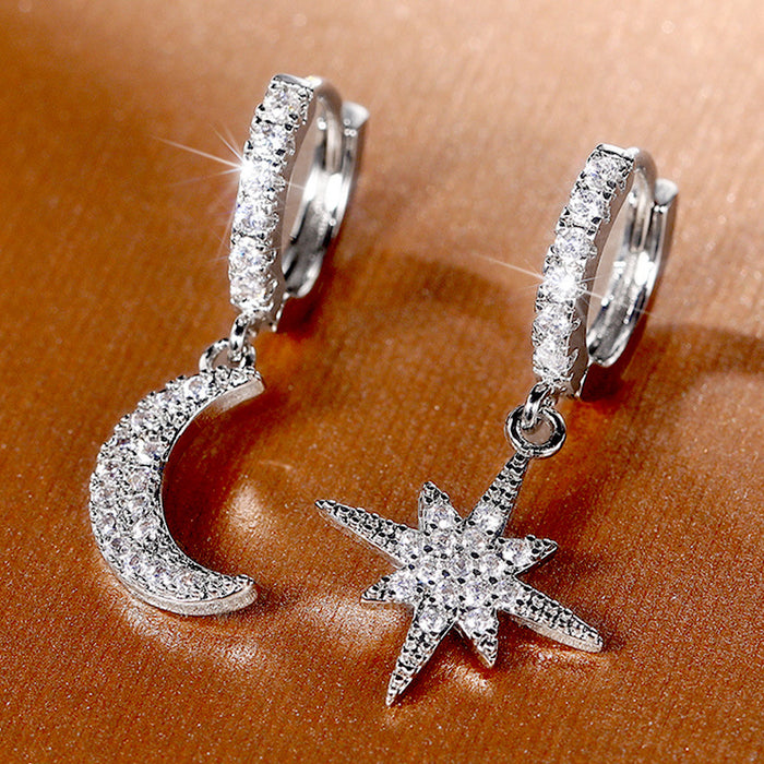 Silver Tone Star Moon CZ Mismatch Huggie Hoop Drop Earrings
