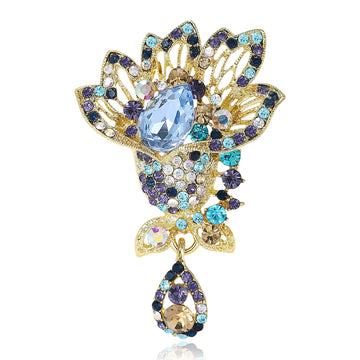 Layered Crystal Flower Brooch with Teardrop Dangle
