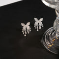 Silver Rhinestone Butterfly Tassel Drop Earrings Clear Stones view 1