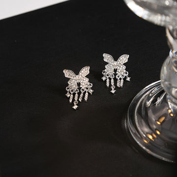 Silver Rhinestone Butterfly Tassel Drop Earrings Clear Stones
