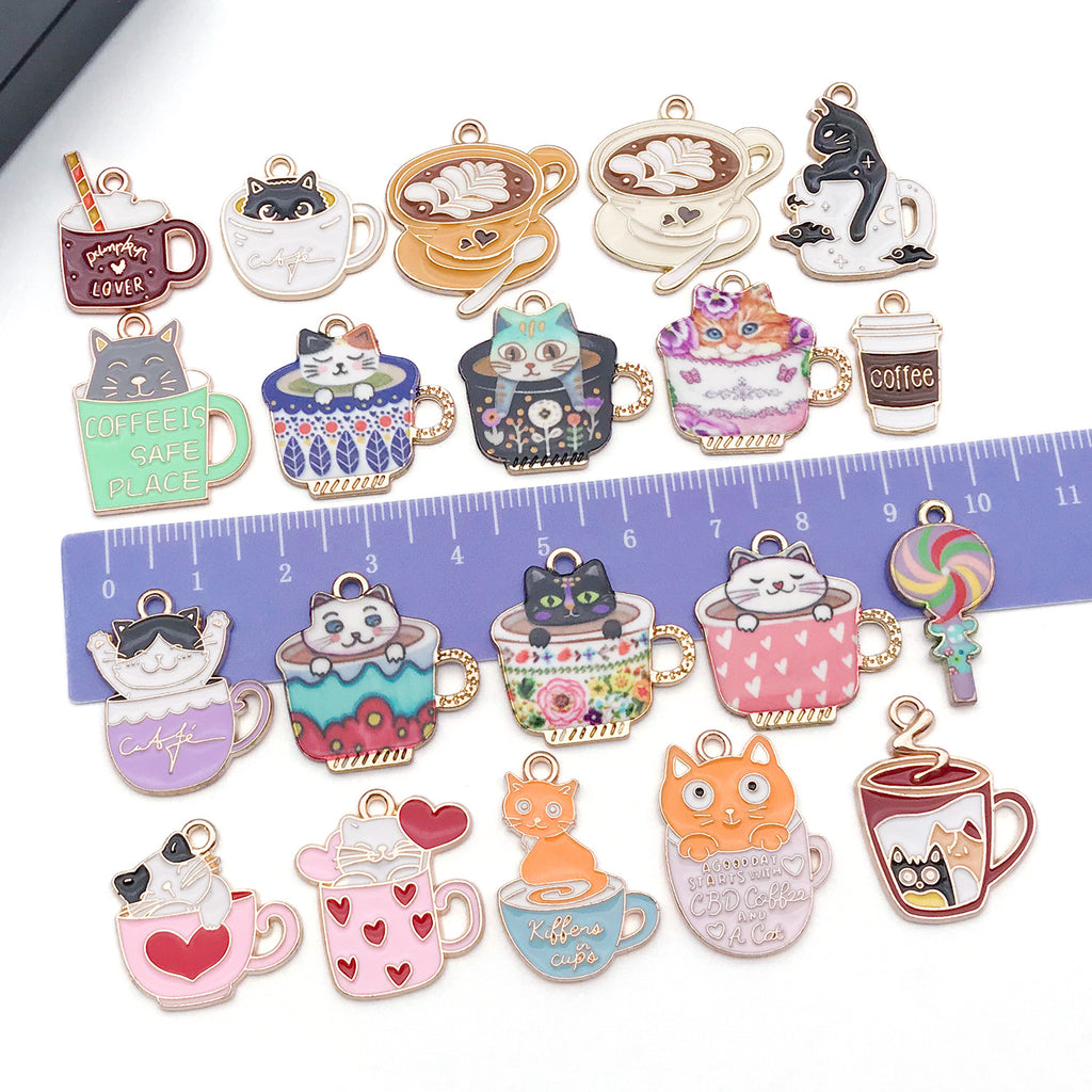 Enamel Zinc Alloy Coffee Cup Cat Milk Tea Cup Charm Pendant for Earrings DIY
