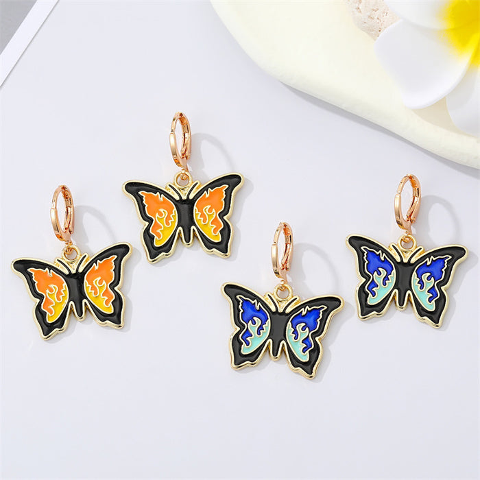 Gold Tone Black Enamel Butterfly Huggie Drop Earrings in Two Colors