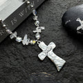 Silver Hammered Cross Pendant Necklace Clear Crystal Beads view 6