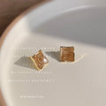 Gold Tone Translucent Coffee Brown Square Stud Earrings view 3