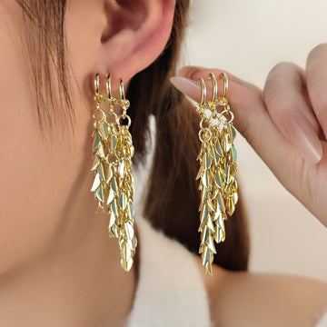 Wheat Leaf Cascade Gold and Silver Extra Long Stud Earrings