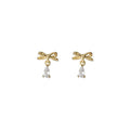Gold Mini Bow Stud Earrings Teardrop Zircon Dangle view 5
