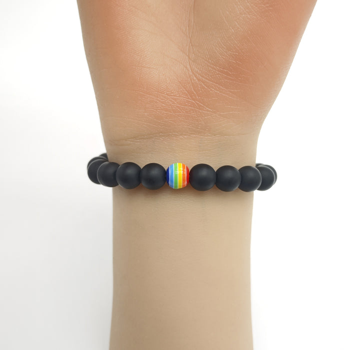 Matte Black Frosted Bead Stretch Bracelet Rainbow Accent