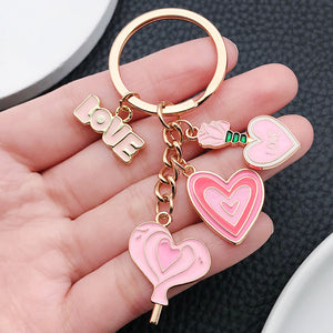 Pink Enamel Heart, Rose, and Card Keychain Charms, Zinc Alloy
